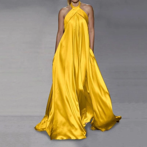 Women Satin Halter Neck Maxi Dress Backless Large Swing Evening Party Cocktail Long Dress Solid Color Elegant