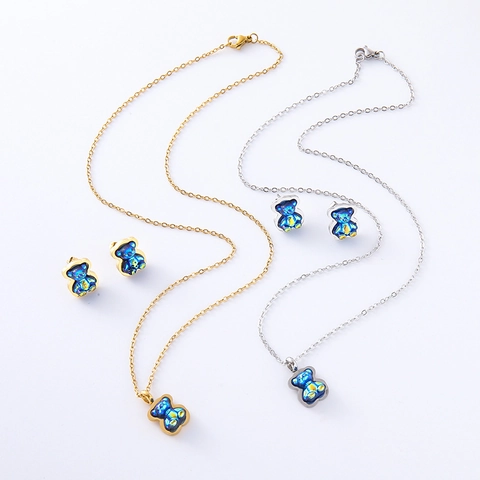 Cute Bear 304 Stainless Steel Iridescent Resin Pendant Necklace And Stud Earrings For Women Fashion Jewelry Accessory