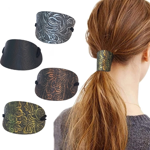 Vintage Leather Ponytail Holder Cuff Embossed Floral Pattern Oval Hair Tie Retro Ethnic Hair Accessories For Women