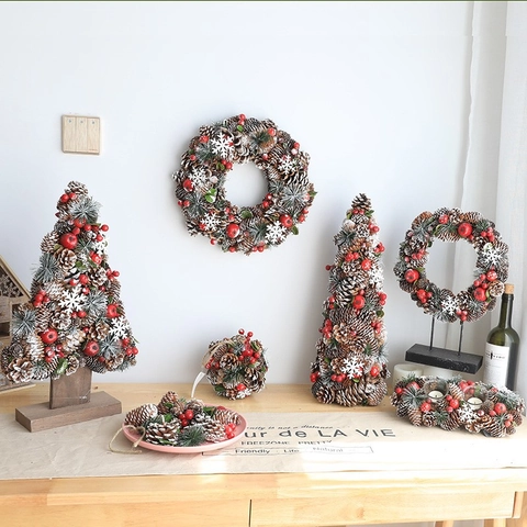 Christmas Pinecone Tree And Wreath Decoration Natural Pinecone Artificial Berry Snow Sprayed Nordic Desktop Home Ornament