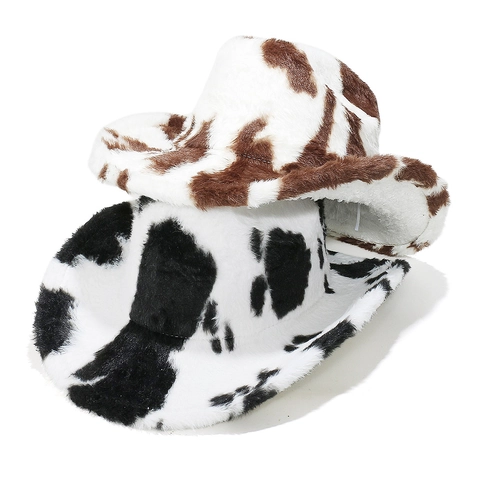 Women Plush Cow Print Western Cowboy Hat Autumn Winter Warm Faux Fur Jazz Fedora Hat Party Costume Wide Brim Cap