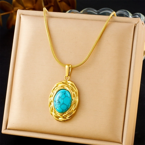 Vintage Vergoldete Edelstahlkette Für Damen Mit Ovalem Türkis Anhänger Elegante Retro Schlangenkette Schmuck