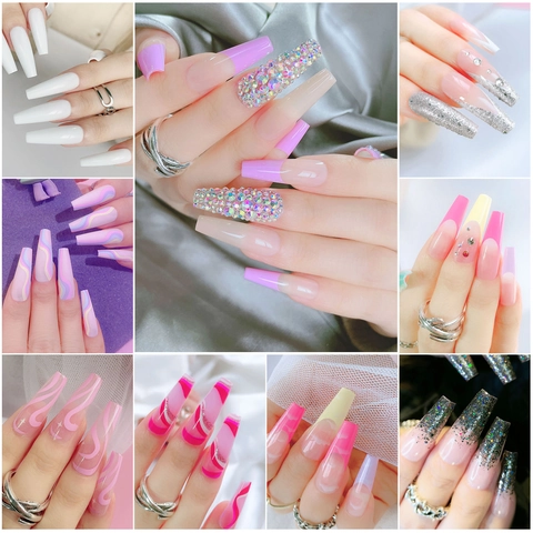Unghie Finte Coffin ABS French Tip Sfumato Decorazione Strass DIY Manicure Unghie Artificiali Elegante Stile Donne