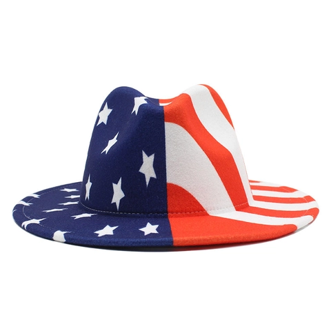 USA Vlag Fedora Hoed Sterren En Strepen Patriottische Brede Rand Jazz Cap Polyester Katoen Vilt Voor Feest Heren Dames