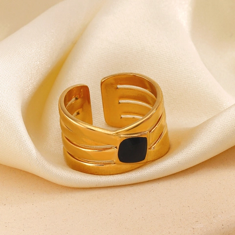 Edelstahl Offener Ring 18K Vergoldet Schwarzes Emaille Quadratisch Geometrisch Verstellbarer Schmuck Für Damen