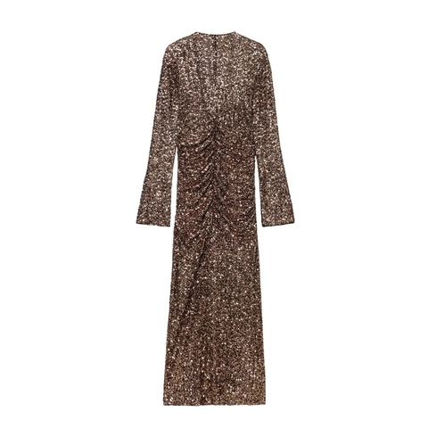 Pailletten Maxi Jurk Lange Mouwen Diepe V Hals Schoudervullingen Geplooid Zijsplit Champagne Goud Elegant Feest Avond Bodycon