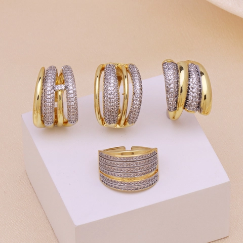 Multi-Layer Damenring Zweifarbig Gold Silber Kupfer Zirkonia Verstellbar Offenes Design Modeschmuck