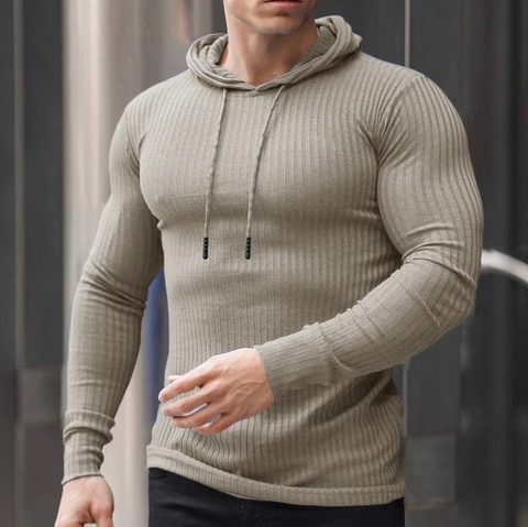 Men's Slim Fit Ribbed Knitted Hooded Pullover Long Sleeve Sports Gym Fitness Sweatshirt Casual Solid Color Drawstring
