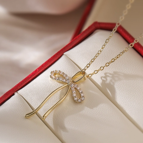 Schleife Anhänger Halskette Kupfer Zirkonia Mikropavé Elegante Schleife Band Minimalistischer INS Schmuck Für Damen
