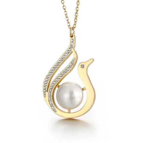 Collar Con Colgante Elegante De Acero Inoxidable Dorado Con Perla Artificial Y Zirconia Joyería De Moda Para Mujer