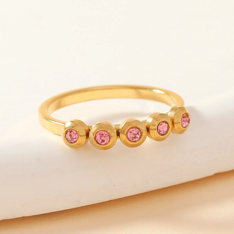 Creative Stainless Steel Ring Gold Plated 5 Colorful Rhinestone Inlaid Ring Geometric Fashion Jewelry For Women Men Gift