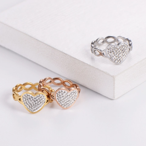 Anillo de Corazón de Amor Infinito Hueco de Acero Inoxidable 304 para Mujer Pavé de Diamantes de Imitación Oro Rosa Joyería