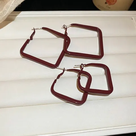 Geometrische Creolen Für Damen Mit Silbernem Ohrstecker Roter Lack Eisen Quadratische Raute Modeschmuck Zubehör