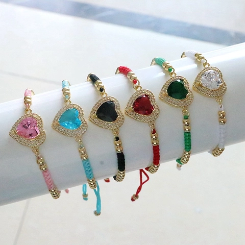 Herz Zirkonia Gewebtes Seil Armband Vergoldete Kupferperlen Verstellbarer Kordelzug Vintage Stil Für Damen