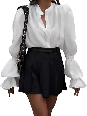 Elegant Women Blouse Stand Collar Lantern Sleeve Ruffle Cuff Solid Color Office Commute Polyester Shirt Top