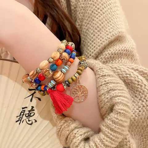 Bohemian Multilayer Beaded Bracelet Sandalwood Alloy Life Tree Charm Satin Tassel Elastic Retro Ethnic Jewelry Women