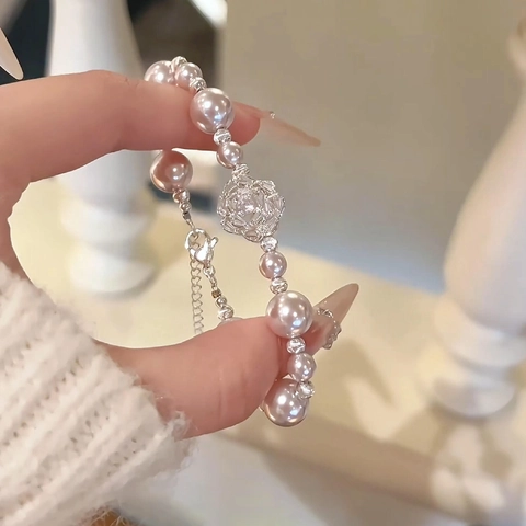 Artificial Pearl Beaded Bracelet With Zircon Rose Flower Charm Elegant Adjustable Hand Chain For Women Daily High End Jewelry
