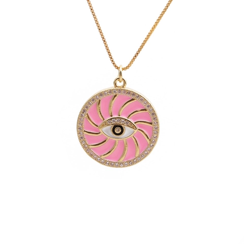 Evil Eye Hanger Ketting Koper Emaille Rond Charm Zirkoon Ingelegd Boho Sieraden Voor Vrouwen