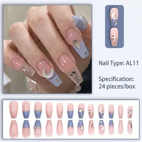 Lange Kunstnagels Blauw Roze Kleurverloop Maan Ster 3D Strasstenen Volledige Dekking Kunstnagels Voor Vrouwen