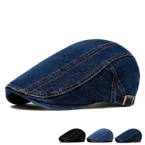 Vintage Gewassen Denim Newsboy Pet Retro Katoenen Flat Cap Verstelbaar Met Metalen Gesp Voor Heren Dames