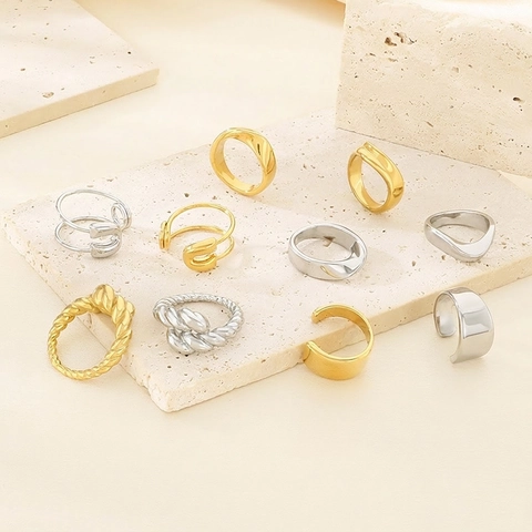 Anelli In Acciaio Inossidabile Da Donna Regolabili Aperti Design A Spilla A Onda Geometrica Fascia Larga Lucida Gioielli