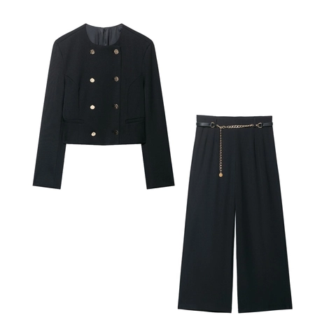 Dames Polyester Blazer En Wijde Broek Casual Double Breasted Kort Jasje Hoge Taille Broek Gouden Knopen Ketting Riem