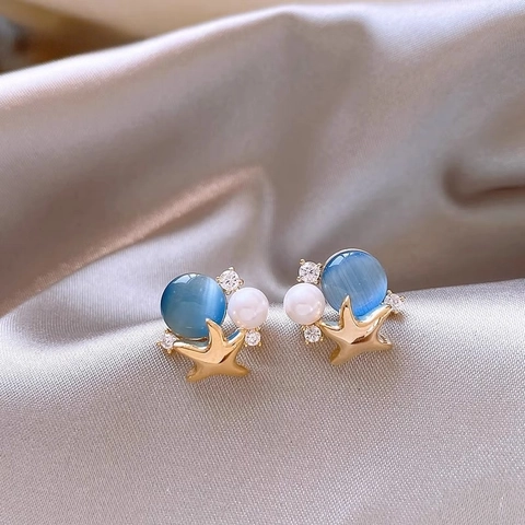 Orecchini Stella Marina Con Pietra Occhio Di Gatto Blu Perla Artificial Finta Lega Placcata Oro E Perno In Argento