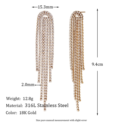 Orecchini a Goccia con Nappa Lunga di Moda Europea e Americana in Acciaio Inossidabile Placcato Oro 18K Strass Gioielli per Banchetti Matrimoni Donna