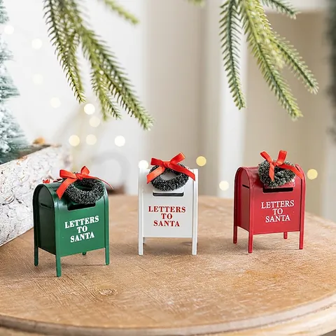 Ornements Suspendus Mini Boîte Aux Lettres De Noël Fer Lettres Au Père Noël Décoration De Table En Métal Avec Couronne Nœud