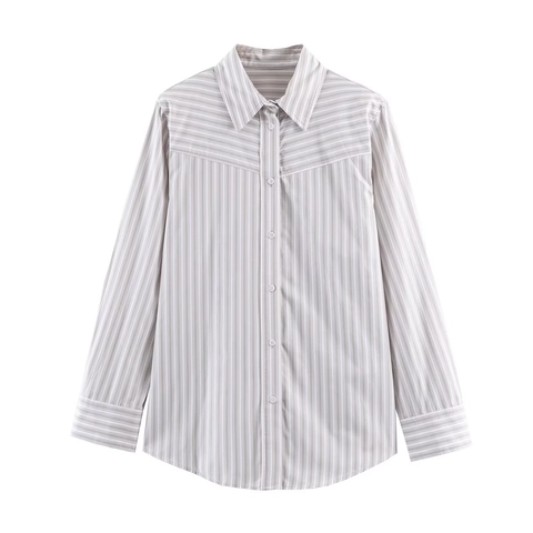Striped Long Sleeve Blouse Poplin Polyester Shirt With Shoulder Pads Button Down Lapel Office Chic For Women