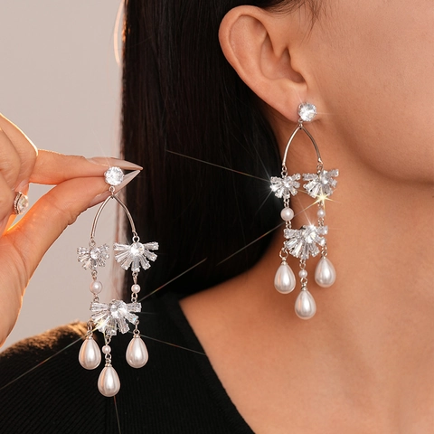 Pendientes Largos Gota Perla Artificial Imitación Con Poste Plata Circón Cobre Para Mujer Estilo Elegante Vintage