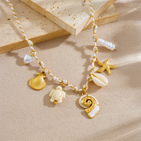 Collar Con Colgante Temático Del Océano De Acero Inoxidable Con Cuerda Trenzada Estrella De Mar Concha Tortuga Perla Artificial Joyería Bohemia