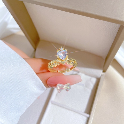 Bague Couronne Coeur En Cuivre Avec Zircon Placage Or Ouverture Réglable Bijoux Romantiques Simples Pour Femmes