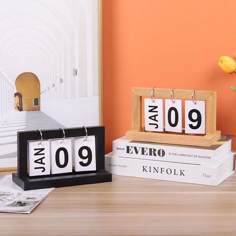 Wooden Flip Perpetual Calendar Manual Desktop Ornament For Home Office Decor Minimalist Style Metal Rings