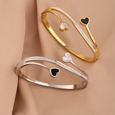Stainless Steel Heart Bangle Bracelet Double Heart Motif Zircon Inlaid Black White Enamel Elegant Fashion Women Jewelry