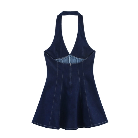 Vestito Denim Mini a Fascia da Donna Scollo a V Profondo Senza Schiena Taglio a Trapezio Blu Scuro Cuciture a Contrasto