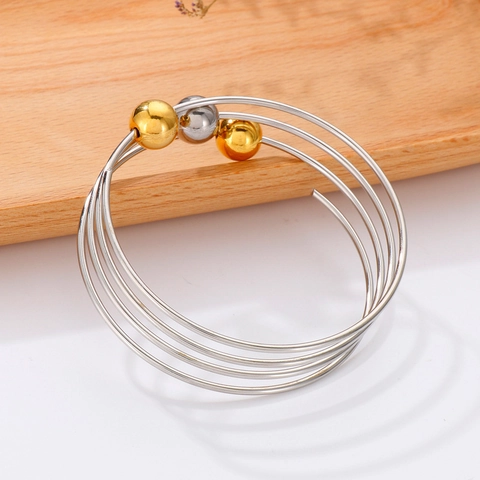 Brazalete de Espiral de Acero Inoxidable Minimalista para Mujer Pulsera de Puño de Cuentas de Acero de Tres Capas Joyería