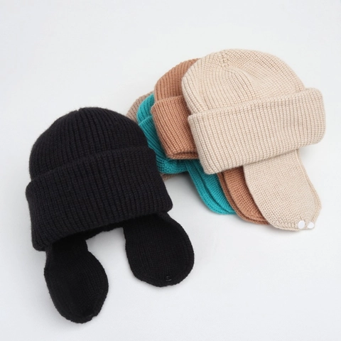 Kids Knitted Earflap Hat Acrylic Warm Winter Beanie With Buttons Ribbed Solid Color For Boys Girls