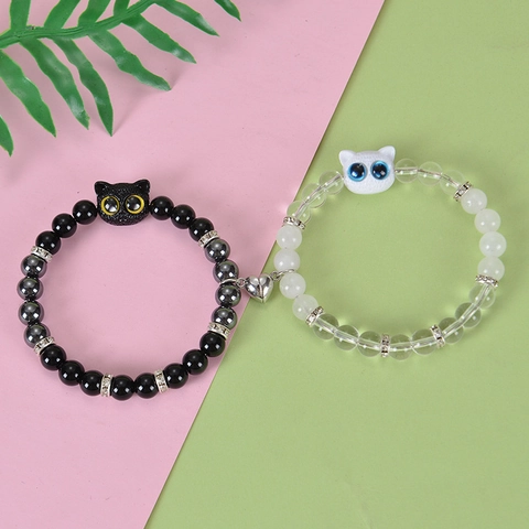 Bracelets Chat Attraction Magnétique Cœur Perles Obsidienne Jade Blanc Résine Bijoux Pour Couples Amis Mignon Dessin Animé