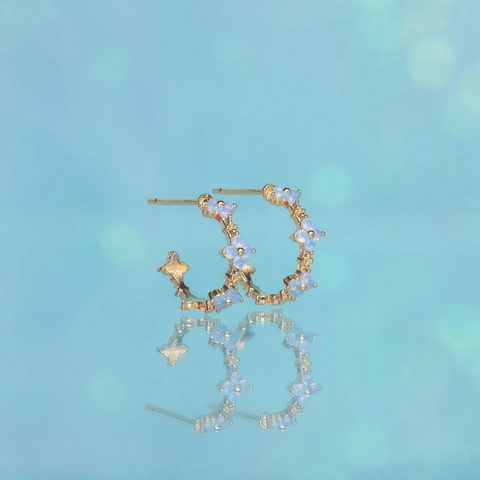Bloem Hoop Oorbellen 18K Verguld Koper Blauwe Zirkoon Synthetische Opaal C-Vormige Zoete Sieraden Voor Vrouwen