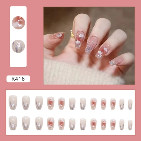 Press On Nails Lange Ballerina Coffin Kunstnagels Met Glanzende Wolk Ster Patronen Doorschijnend Blush Roze Plastic