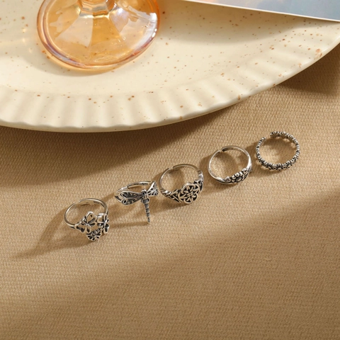 Anello Aperto in Rame Regolabile Vintage per Uomo Donna Placcato Argento Antico Retrò Farfalla Libellula Fiore Gioielli Anello