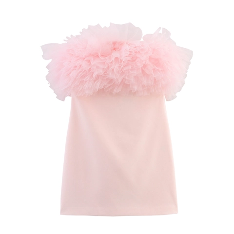 Rosa Tüll Trägerloses Kleid Gestuftes Netz Schlauchoberteil Figurbetontes Mini Party Outfit Für Damen