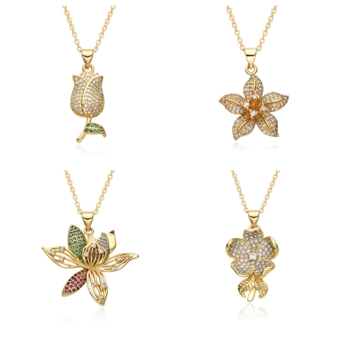 Messing Gold Plated Lotus Blume Anhänger Halskette Für Damen Elegant Mikro Eingelegt Strass Tulpe Kaktus Blatt Schmuck Zubehör