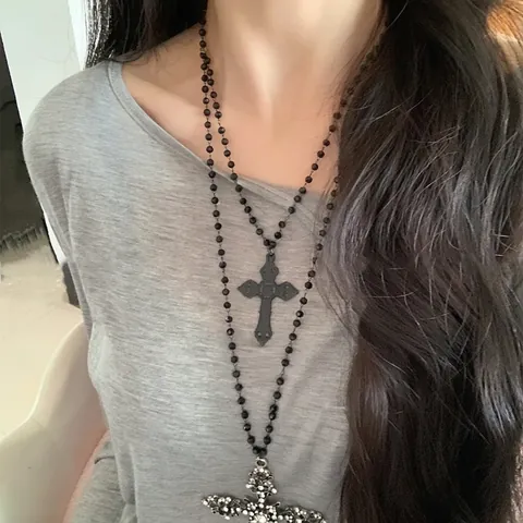 Collana Con Ciondolo A Croce Gotica Lega Strass Intarsiato Catena Di Perline Nere Gioielli Estetici Retrò Per Donna