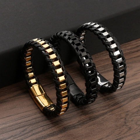 Leather Braided Bracelet Stainless Steel Geometric Magnetic Clasp Retro Fashion Men Jewelry Accessory