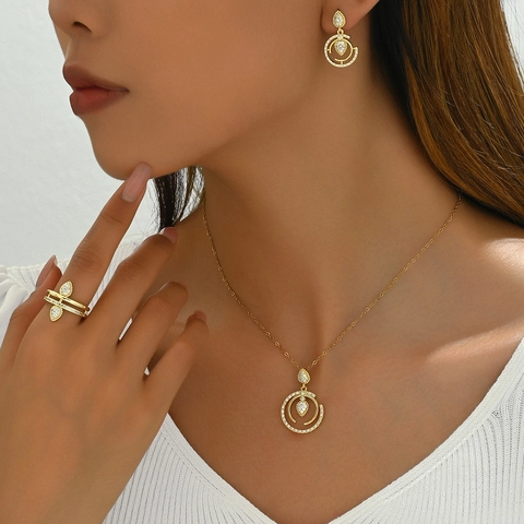 Water Drop Zircon Stacked Circle Gold Plated Stainless Steel Necklace Earrings Ring Elegant Jewelry For Women