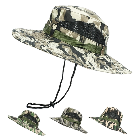 Men Outdoor Camouflage Fishing Hat Sun Protection Large Brim Boonie Hat With Breathable Mesh And Adjustable Cord For Hiking Camping