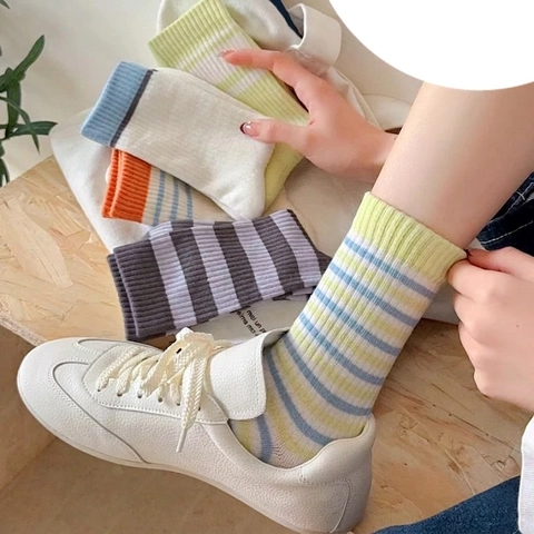 Women Mid Calf Socks Combed Cotton Striped Pattern Breathable Sweat Absorbent Ribbed Cuffs Korean Ins Style Casual