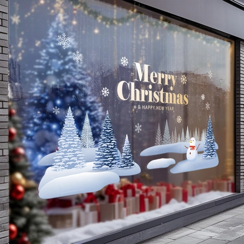 Christmas Window Static Stickers PVC Glue Free Snowflakes Snowman Tree Double Sided UV Printing Showcase Decoration